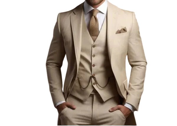 Elegant men's slim fit three-piece formal suit. Ideal wedding attire & sophisticated event wear.