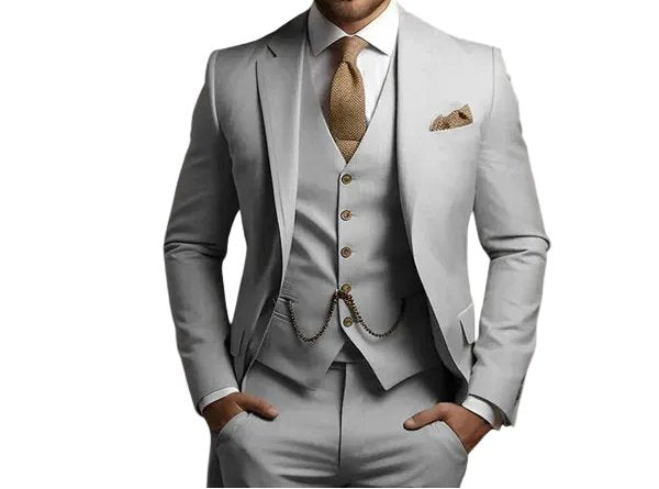 Modern men's tailored three-piece suit, slim fit. Perfect formal wear for any special occasion or event.