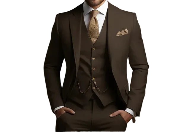 Stylish men's slim fit three-piece suit including jacket, vest & trousers. Premium formal fashion.