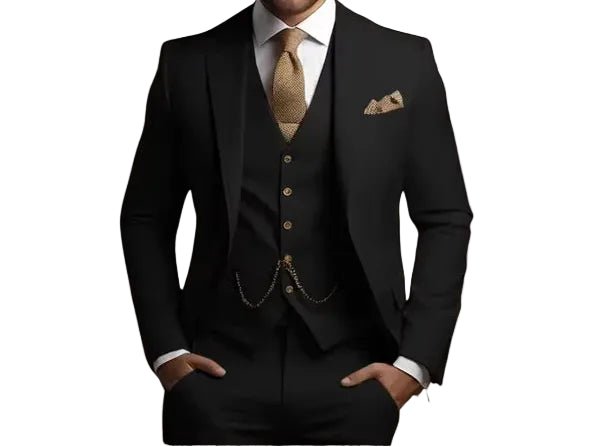 Classic men's slim fit three-piece suit, a tailored choice for wedding guests & formal occasions.
