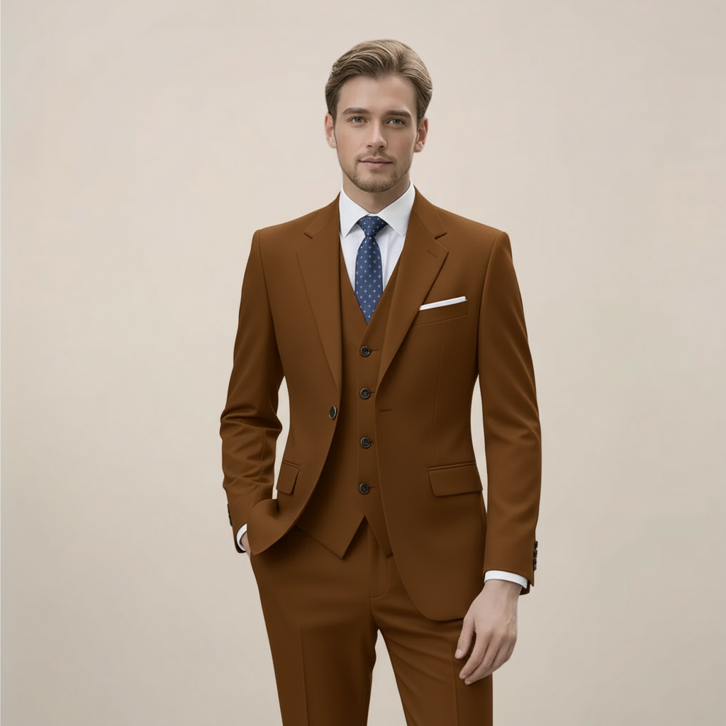 Men's slim fit three-piece suit, ideal for business meetings, weddings & formal events. Tailored elegance.