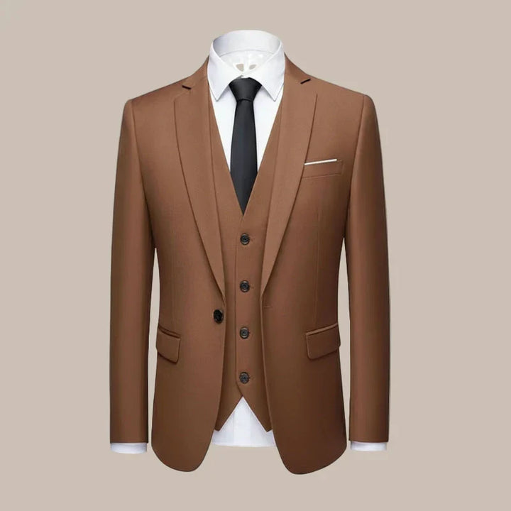 Professional men's slim fit three-piece suit with jacket, vest & trousers. Elegant formal wear for men.