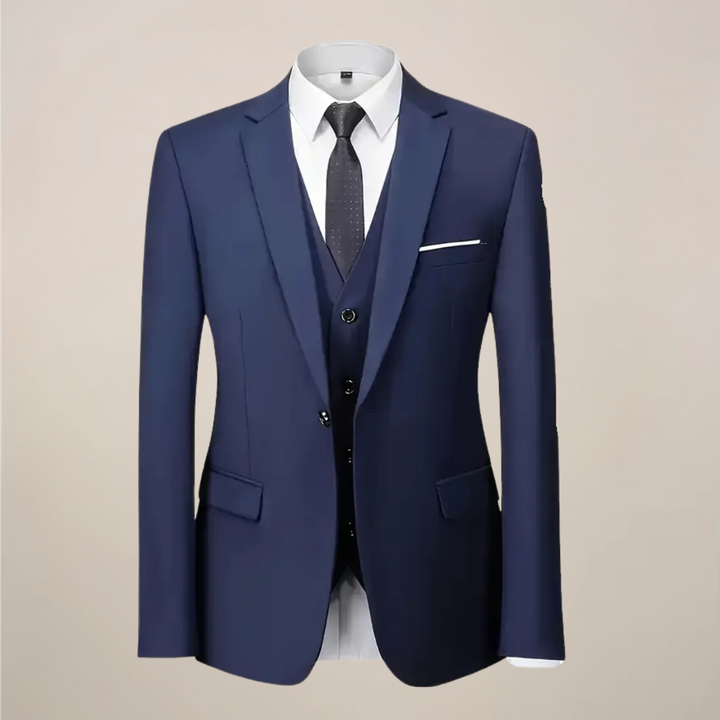 Sophisticated men's slim fit three-piece suit, perfect business or wedding attire. Modern tailored look.