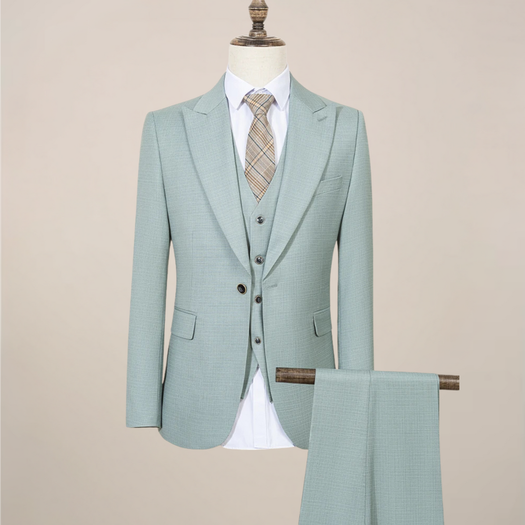 Men's slim fit three-piece suit in a light fabric, perfect for summer weddings & formal events.