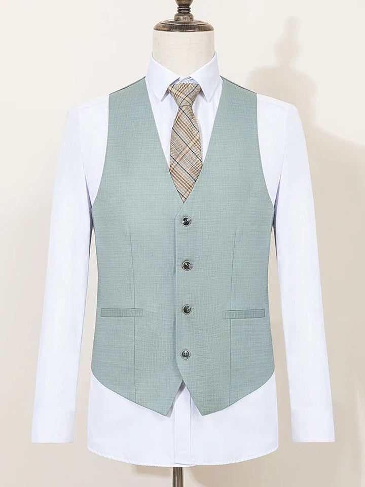 Professional men's slim fit three-piece business suit, ideal for formal meetings & upscale events.
