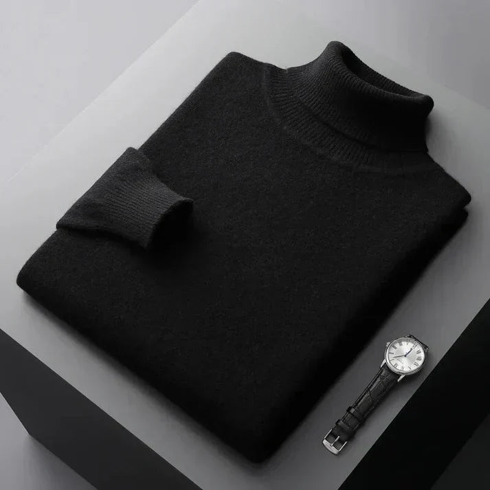 Elegant men's long sleeve turtleneck sweater, suitable for business casual, casual wear, and layering in cold weather.