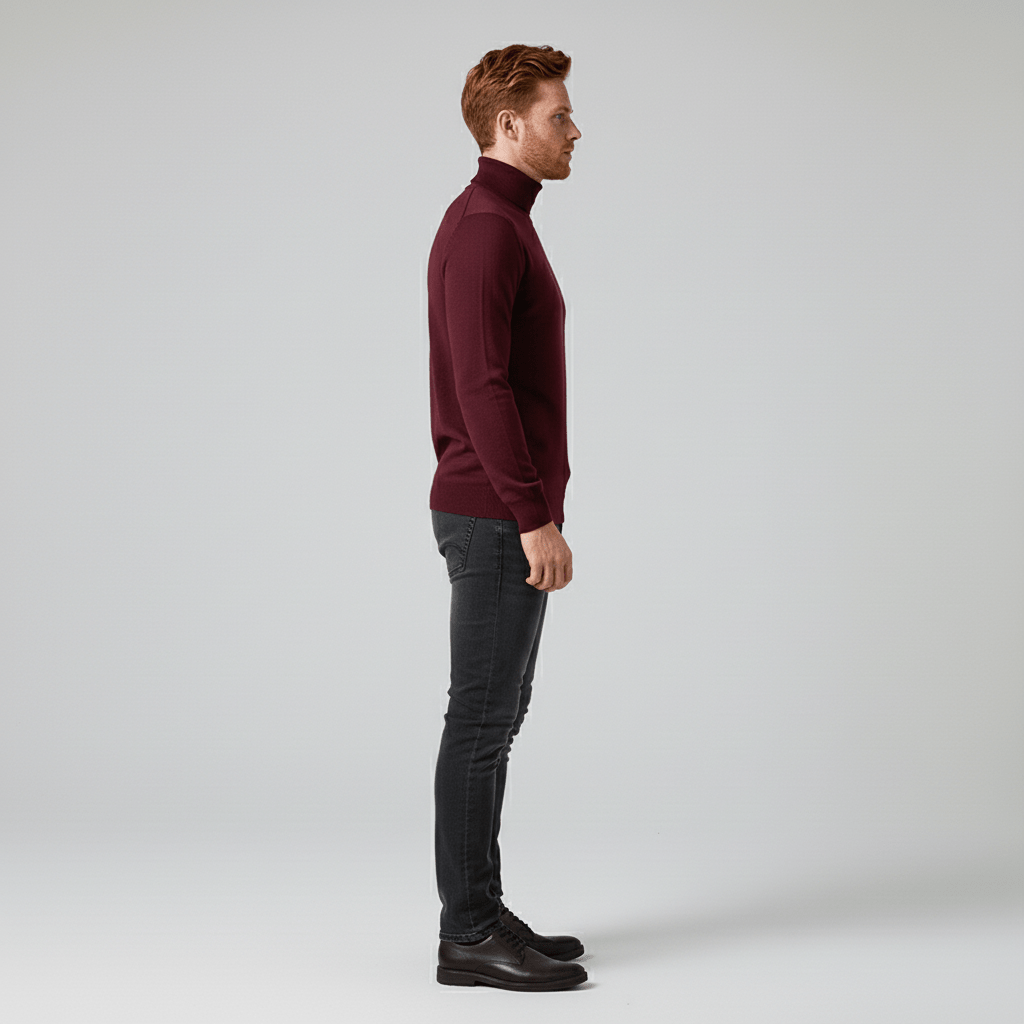 Sleek men's slim-fit turtleneck sweater, Toby, enhancing any smart casual outfit.