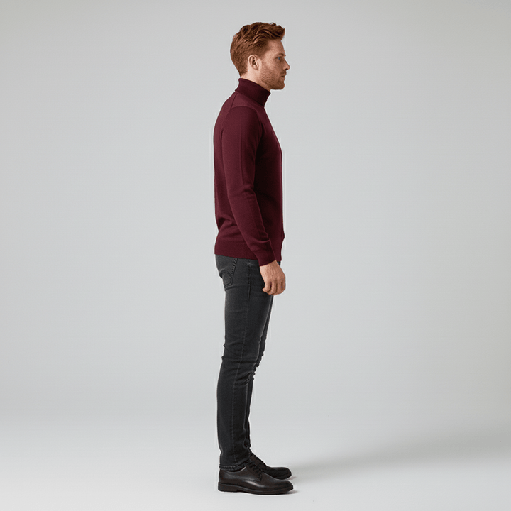 Sleek men's slim-fit turtleneck sweater, Toby, enhancing any smart casual outfit.