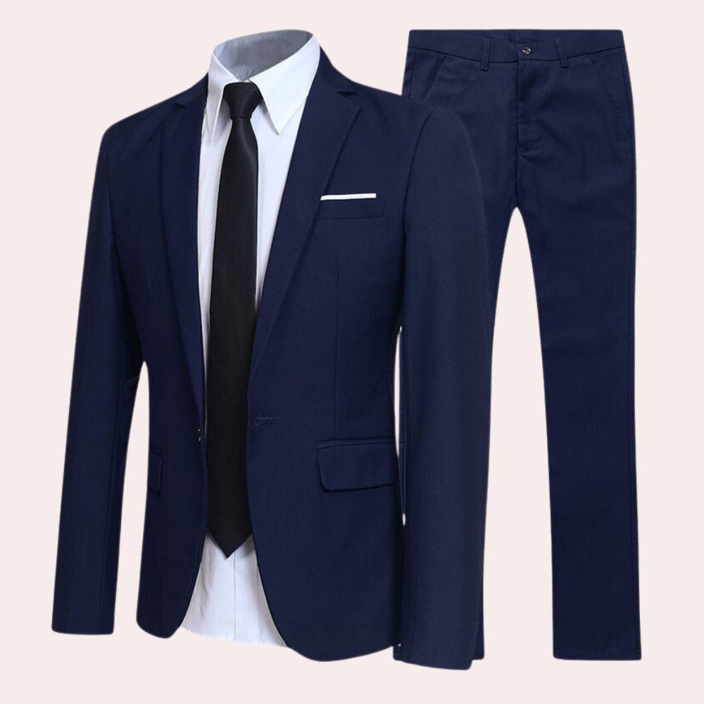 Elegant men's slim fit two-piece suit. Ideal formal wear for weddings, parties, or business. Includes blazer & trousers.