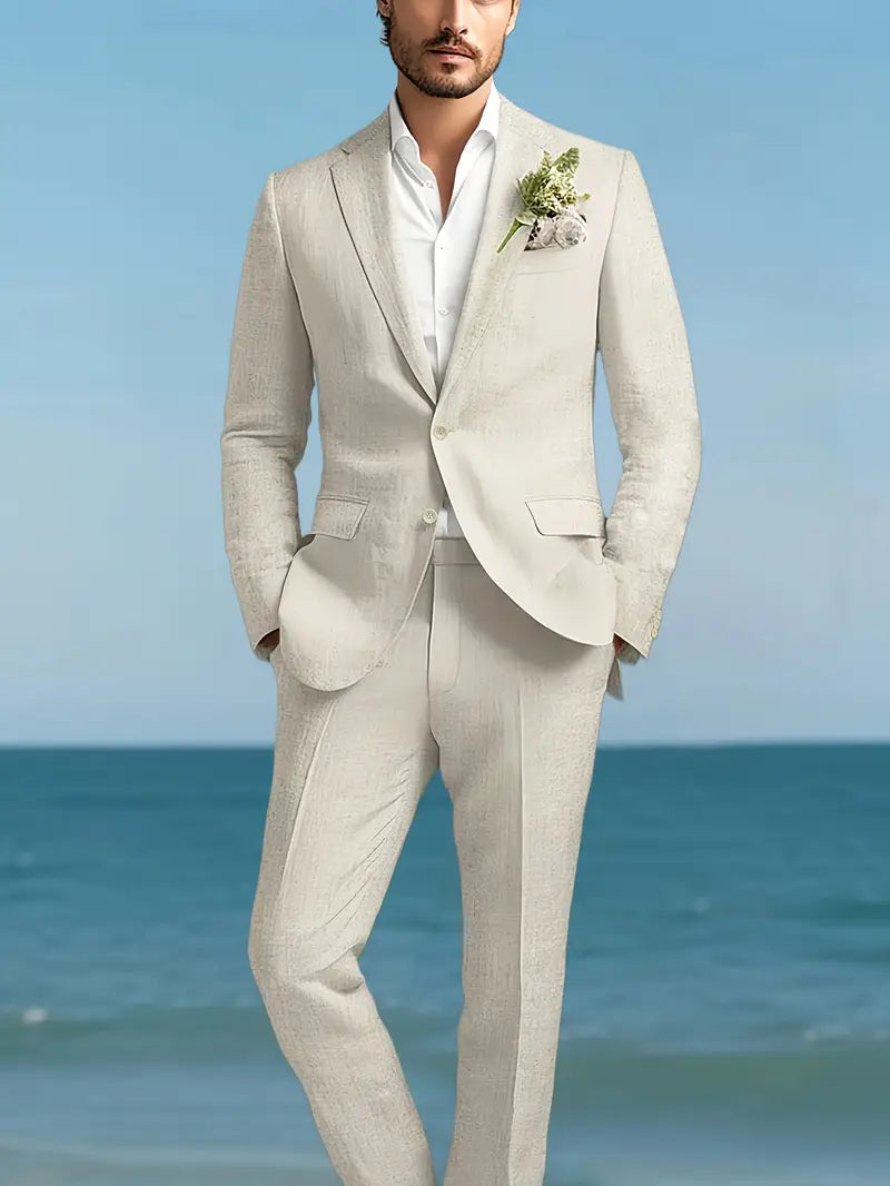 Men's slim fit two-piece suit with blazer & trousers, ideal for formal events, weddings & business.