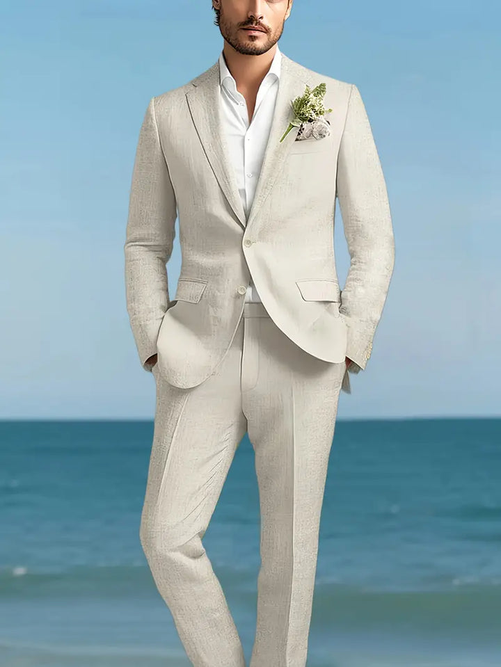 Men's slim fit two-piece suit with blazer & trousers, ideal for formal events, weddings & business.