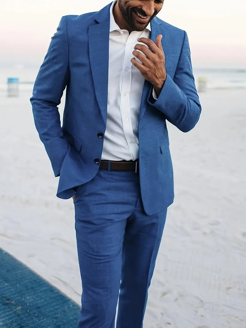 Perfect wedding attire: Men's two-piece slim fit suit, elegant blazer & trousers for groom or guest.