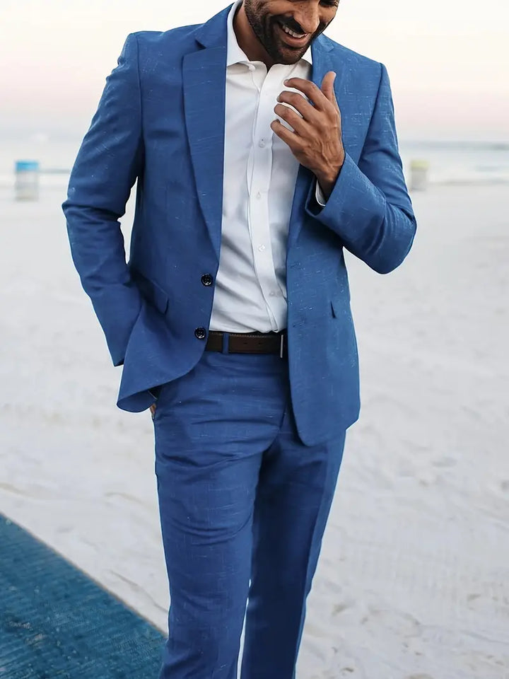 Perfect wedding attire: Men's two-piece slim fit suit, elegant blazer & trousers for groom or guest.