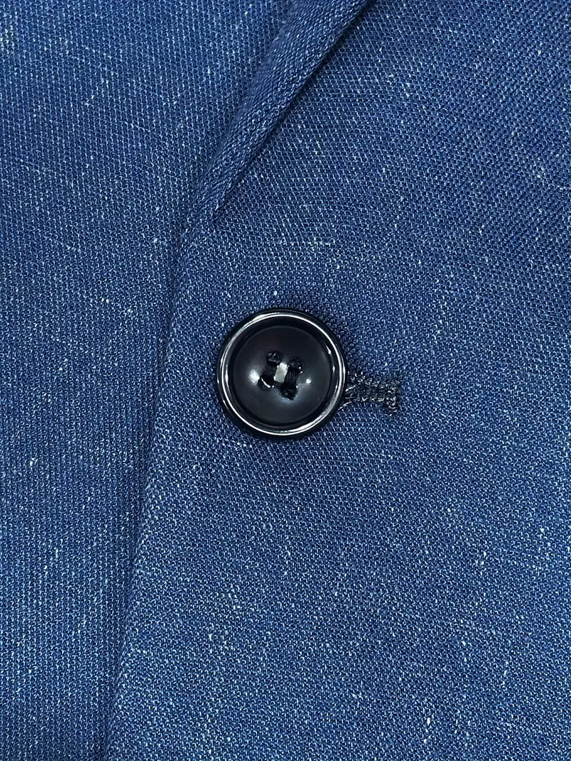 Full view of a men's slim fit two-piece suit, with a classic blazer & trousers, ready for any formal event.