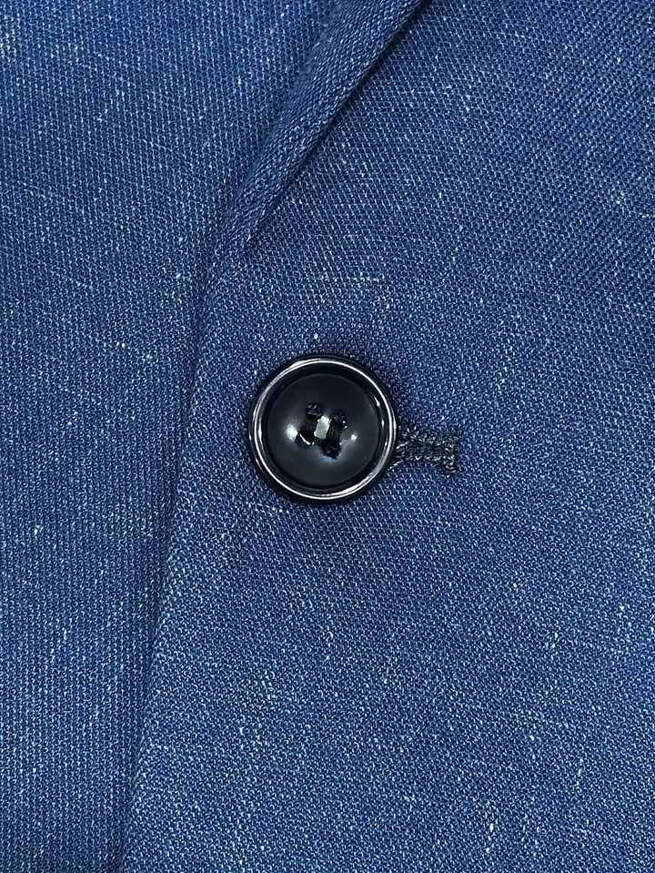 Full view of a men's slim fit two-piece suit, with a classic blazer & trousers, ready for any formal event.