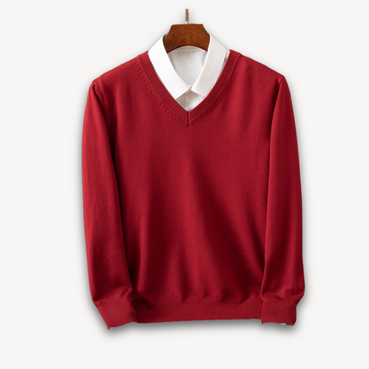 Polished men's fashion: slim fit V-neck long sleeve sweater, great for a modern business casual look.