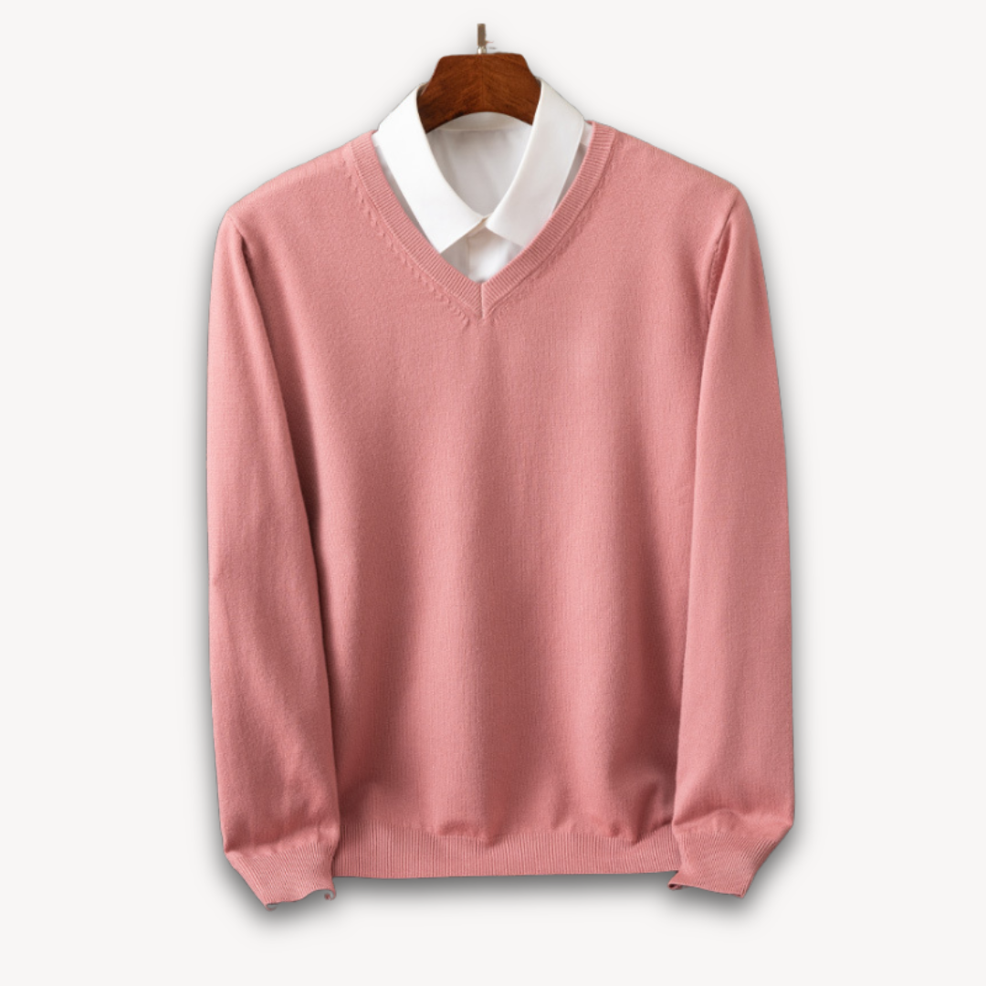Stylish long sleeve men's slim fit V-neck sweater, designed for casual or business casual outfits.