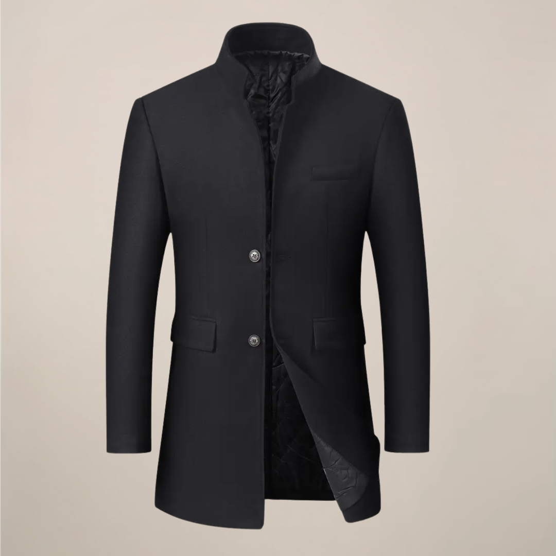 Men's slim fit winter trench coat with stand collar. Stylish long outerwear for cold weather.