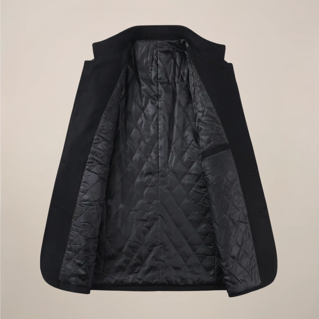Elegant men's long slim fit winter coat. Features stand collar & button-up front for fall/winter.