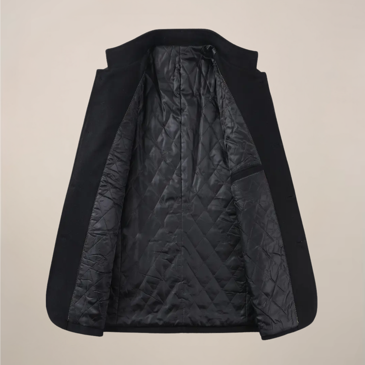 Elegant men's long slim fit winter coat. Features stand collar & button-up front for fall/winter.