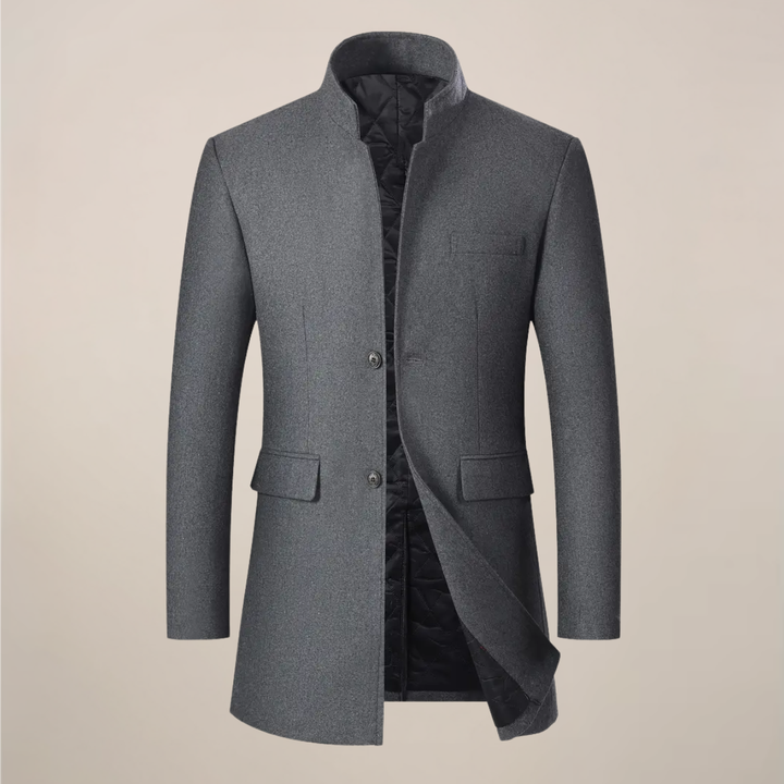 Fashionable men's slim fit winter trench coat. Stay warm with this stylish stand collar outerwear.