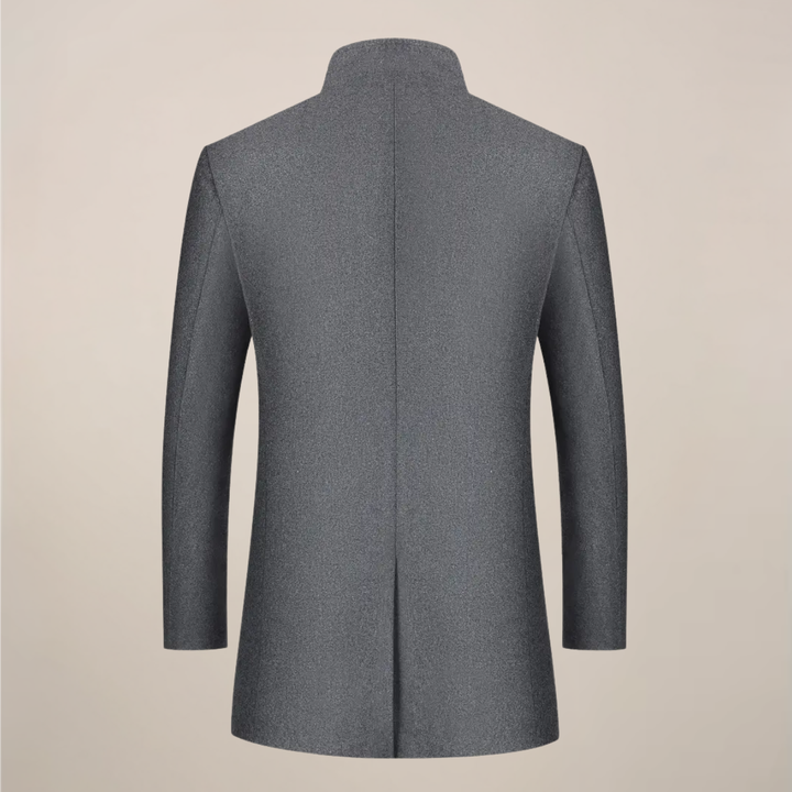 Men's slim fit long winter coat. Features a stand collar & button front, ideal for cold weather business casual.