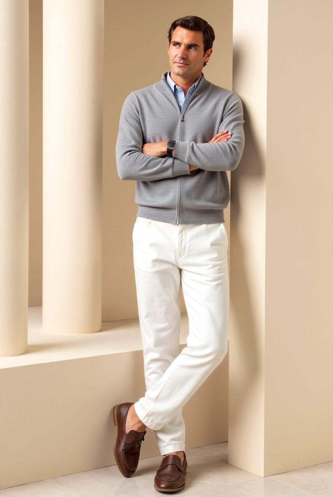 Men's modern slim fit zip jacket featuring a comfortable stand collar. Stylish and lightweight men's apparel.