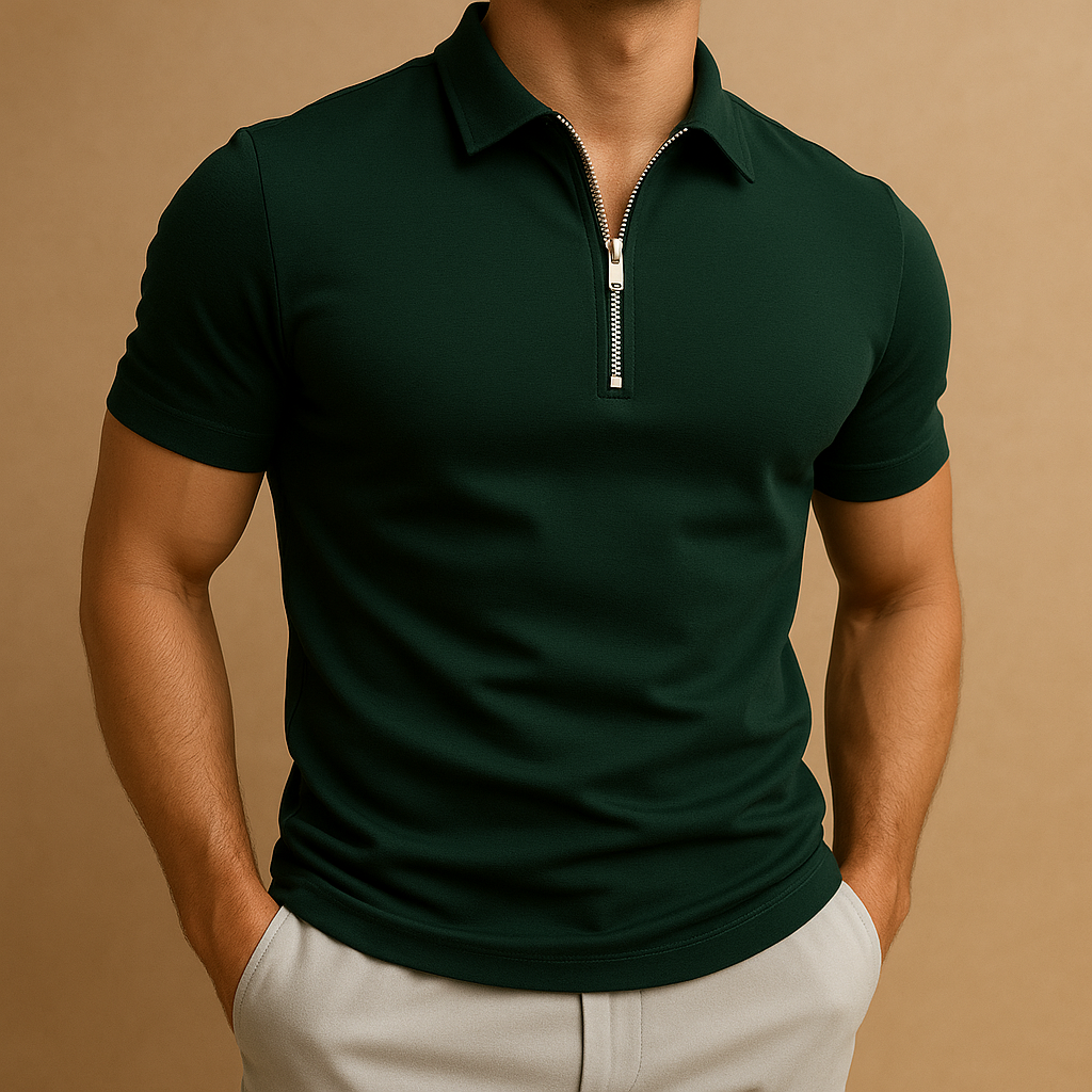 Casual yet smart men's polo shirt with a stylish zip neck, offering a modern slim fit for daily wear.