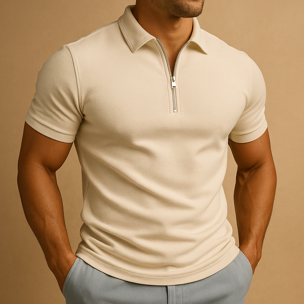 Contemporary men's zip neck polo shirt, delivering a comfortable slim fit and modern smart casual style.