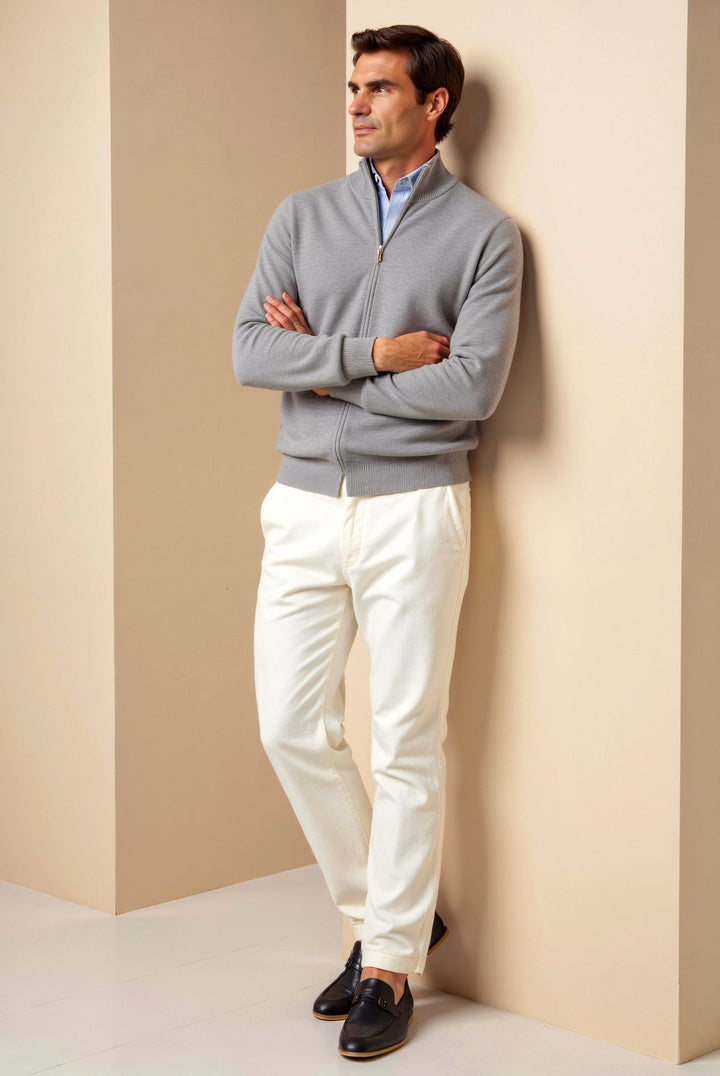 Lightweight men's slim fit zip-up jacket, stand collar. Ideal for layering and modern fashion.