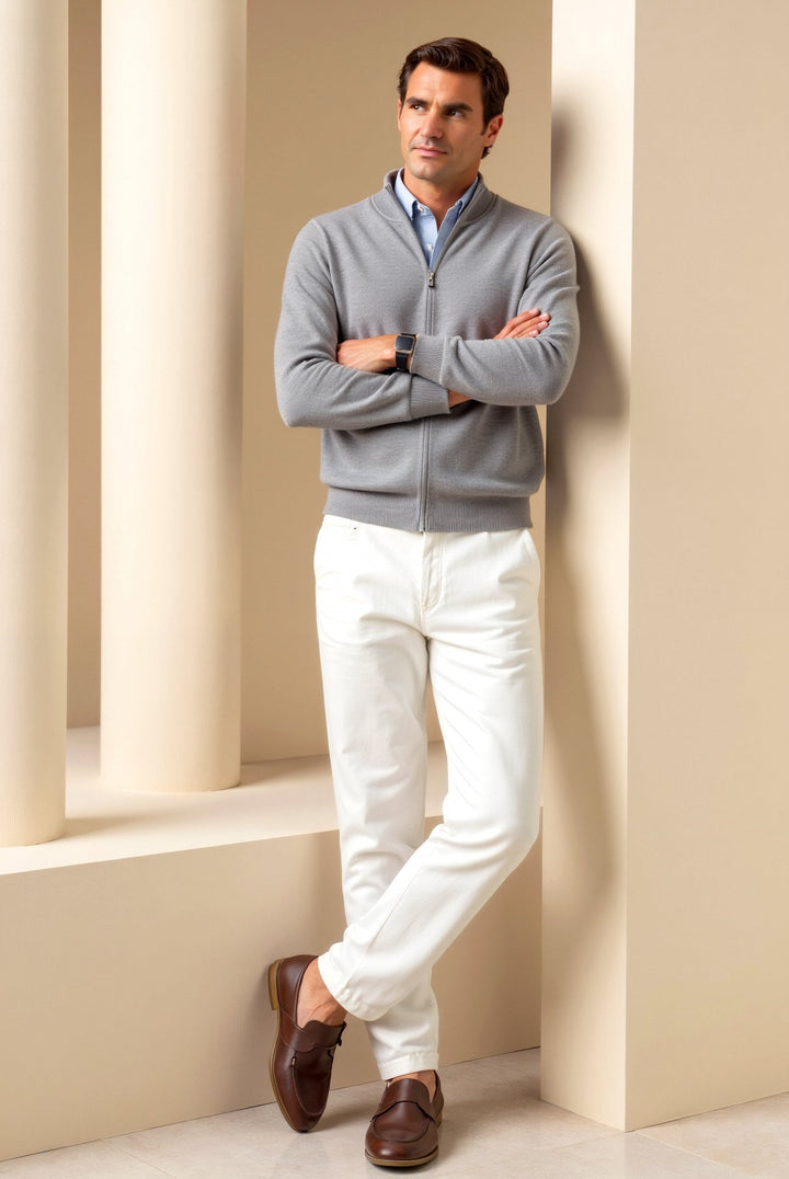 Modern men's stand collar zip-up jacket. Slim fit design, versatile for everyday casual wear.
