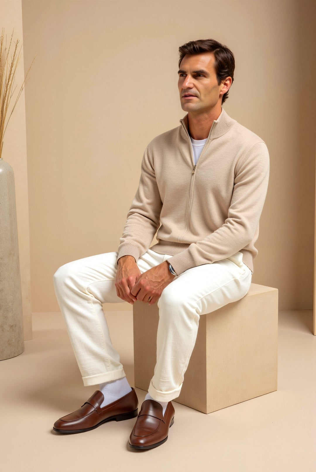 Grey men's slim fit zip jacket with stand collar. Lightweight outerwear for a sharp, modern look.