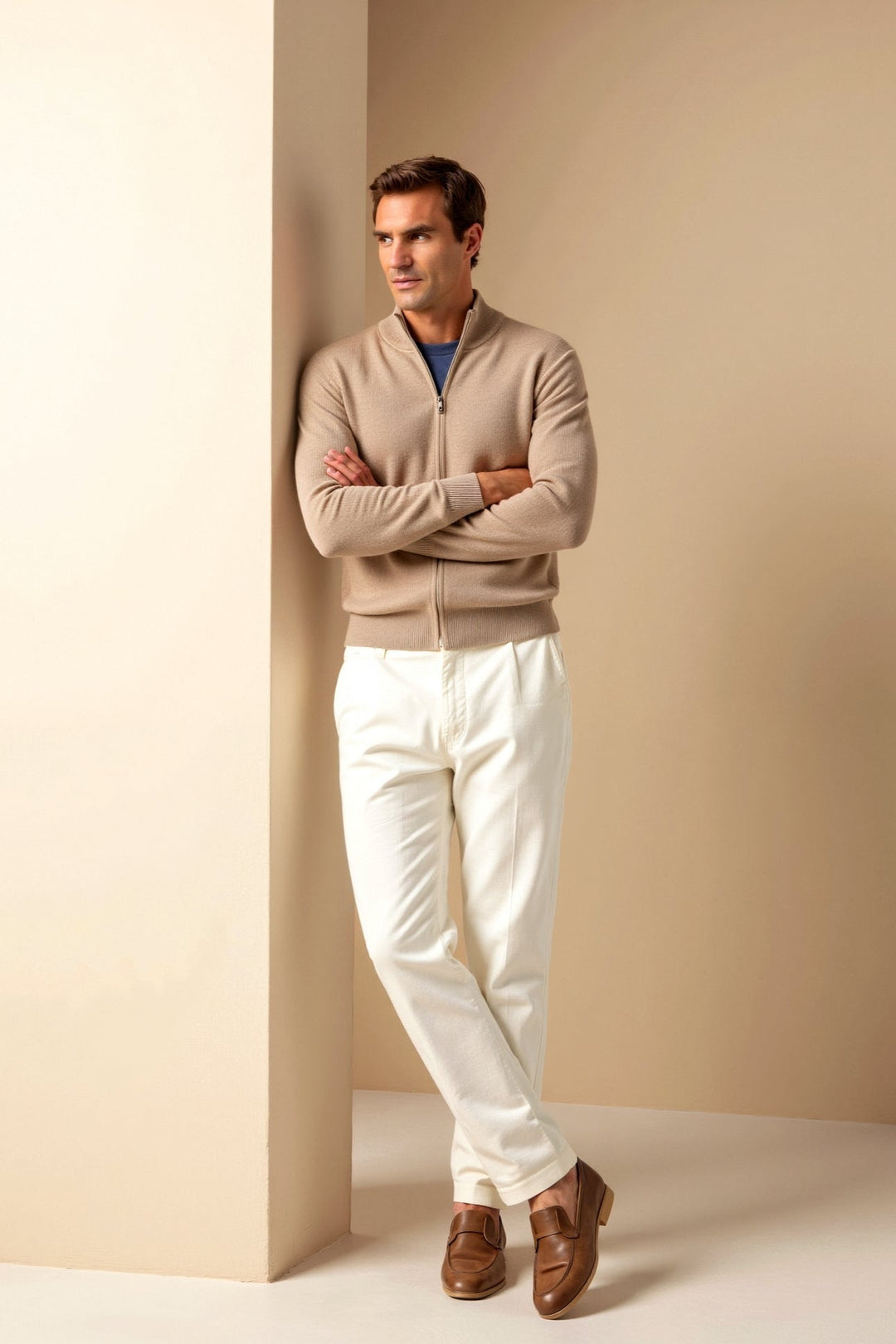 Men's modern slim fit outerwear jacket, stylish stand-up collar, full zip. Elevates casual look.