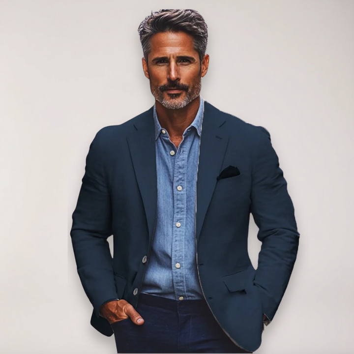 Beige tailored men's smart casual blazer. Stylish outerwear for business casual, events, and modern fashion.