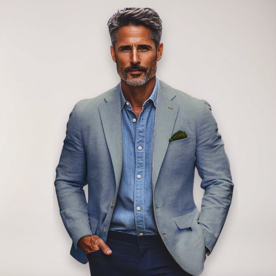 Dark blue men's tailored blazer. Perfect smart casual jacket for office, event attire, or everyday style.