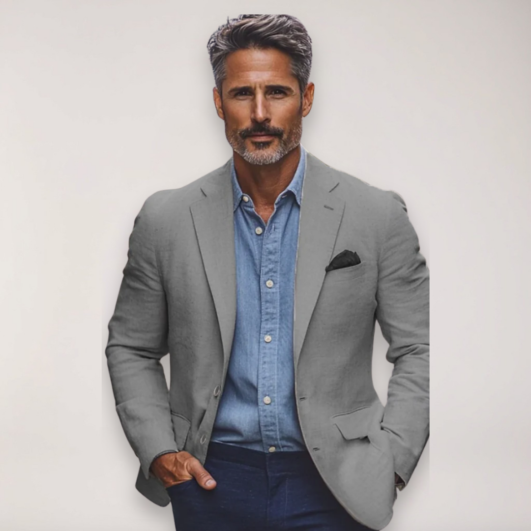 Gray smart casual men's blazer. Versatile tailored jacket for office wear, special events, and mens fashion.
