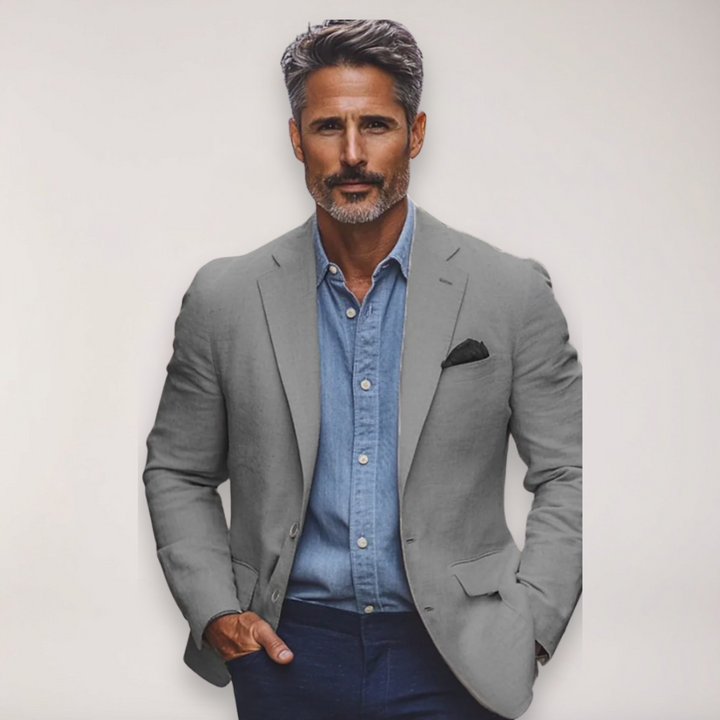 Gray smart casual men's blazer. Versatile tailored jacket for office wear, special events, and mens fashion.