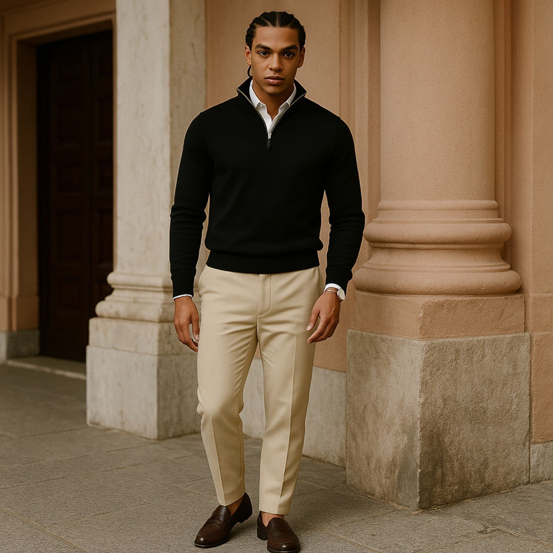 Stylish men's half-zip long-sleeve pullover, perfect all-season layer for casual wear.