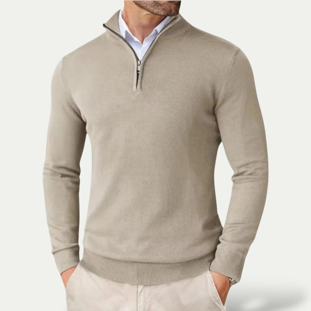 Modern men's half-zip cardigan-style pullover, a stylish and essential piece for men's fashion.