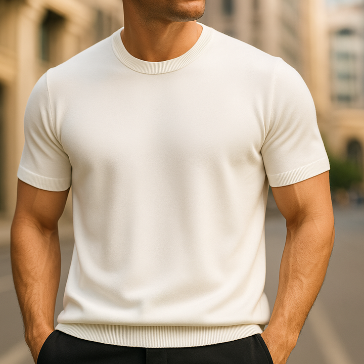 Versatile men's short-sleeve knit t-shirt. Ideal for smart casual, modern fashion, and all-day comfort.