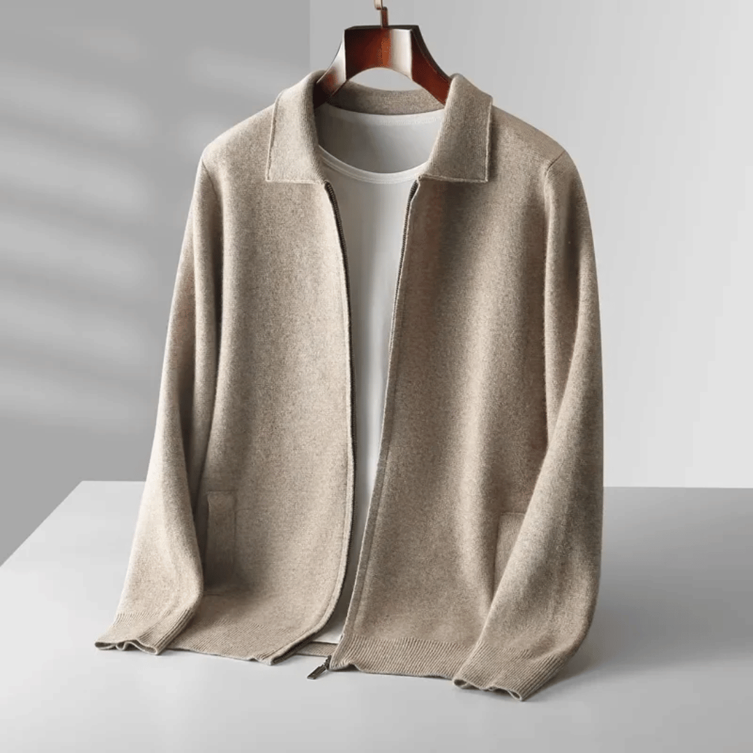 Men's smart collared zip-up knit cardigan, ideal for versatile layering and smart casual fashion.