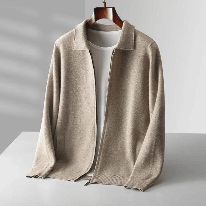 Men's smart collared zip-up knit cardigan, ideal for versatile layering and smart casual fashion.
