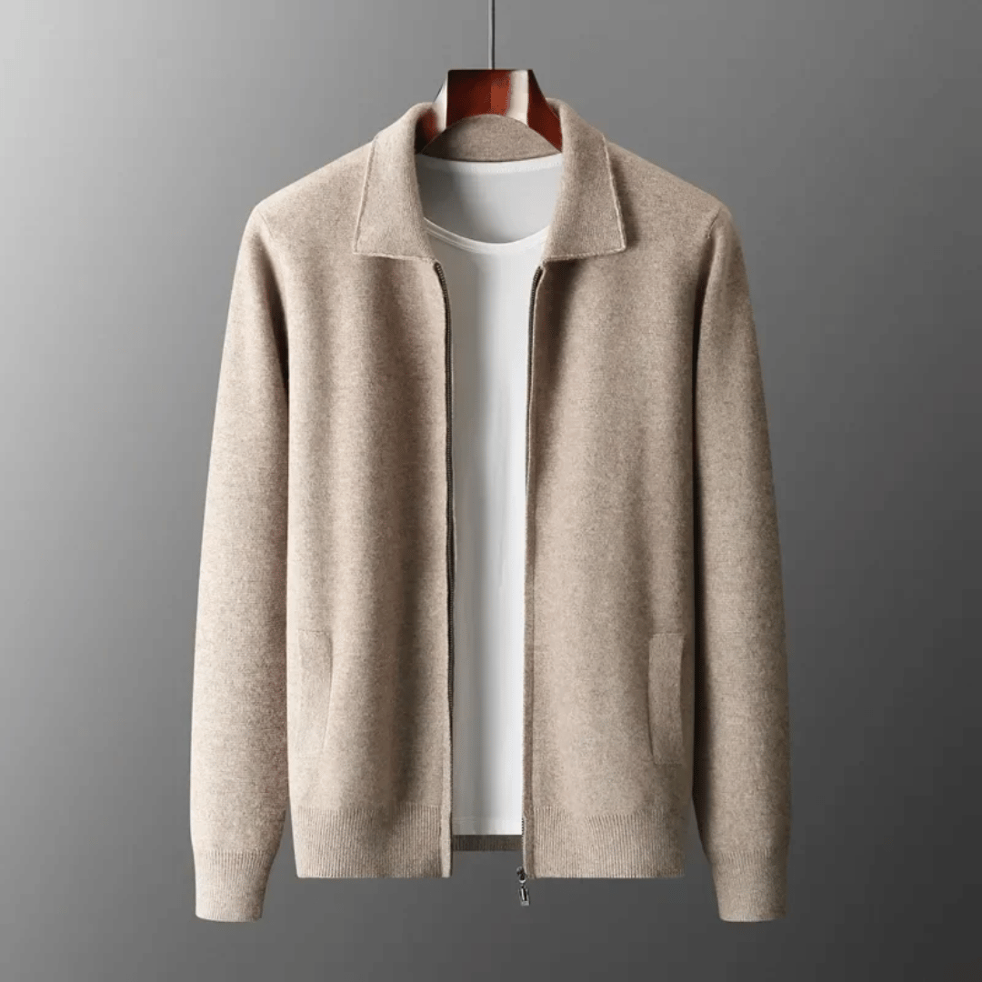 Stylish men's knitwear cardigan with a full zip front & classic collar for an elevated casual look.