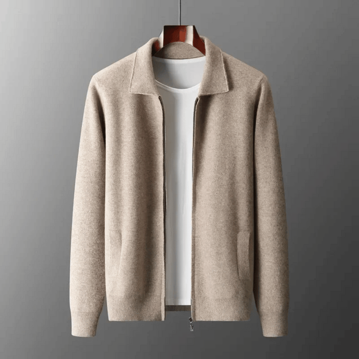 Stylish men's knitwear cardigan with a full zip front & classic collar for an elevated casual look.
