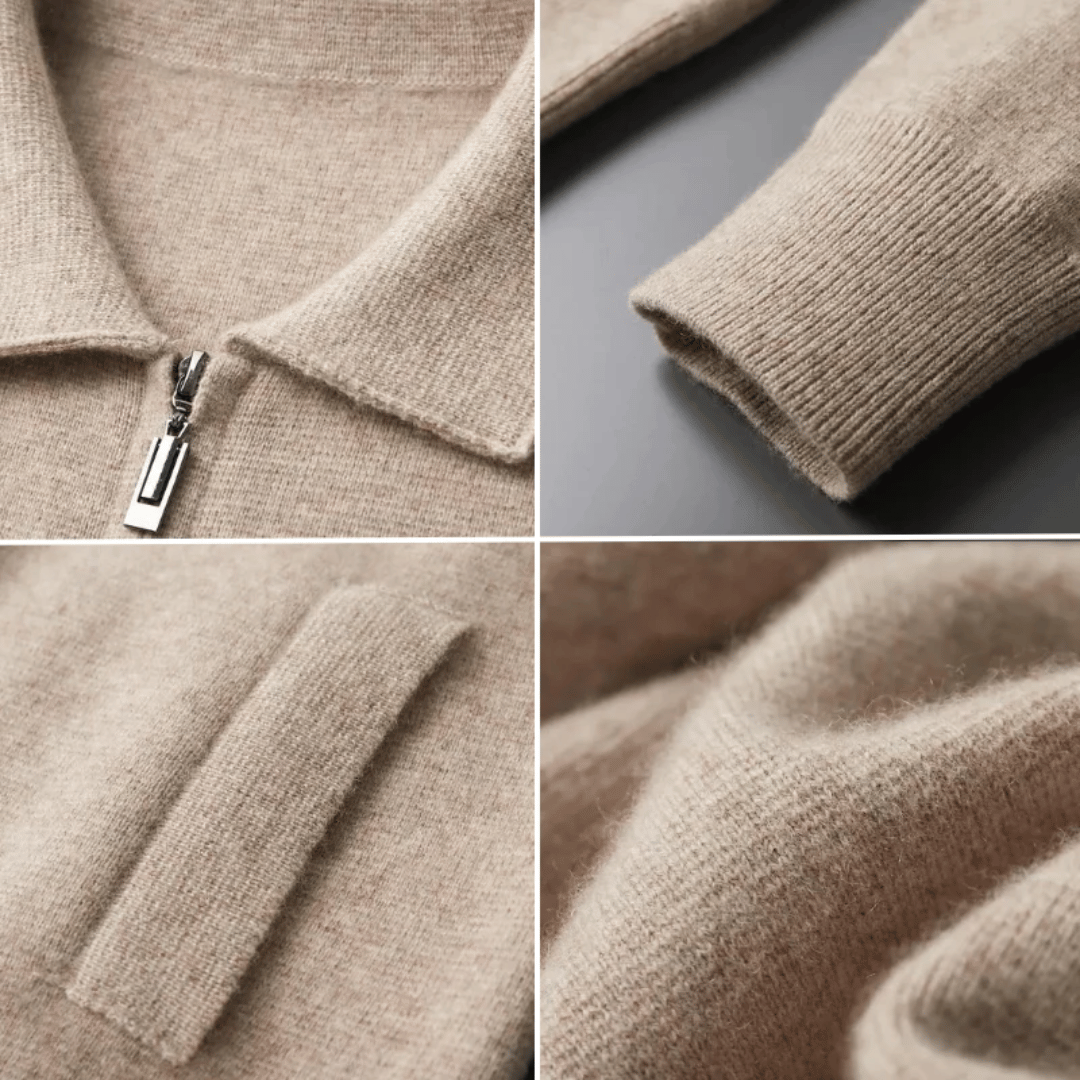 Trendy men's fashion zip-up collared cardigan, essential knitwear for a modern smart casual outfit.