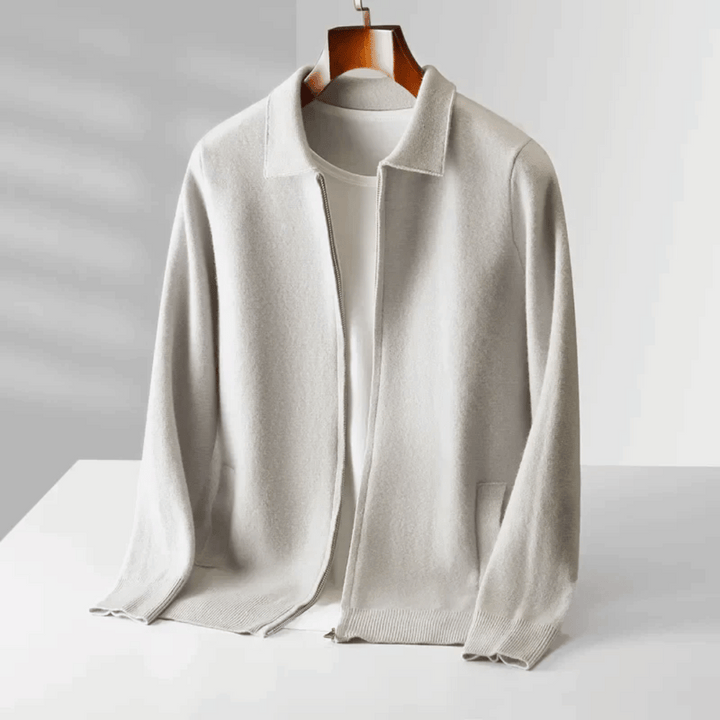 Sophisticated men's zip-front knit cardigan with a collar, a key piece for smart layering style.