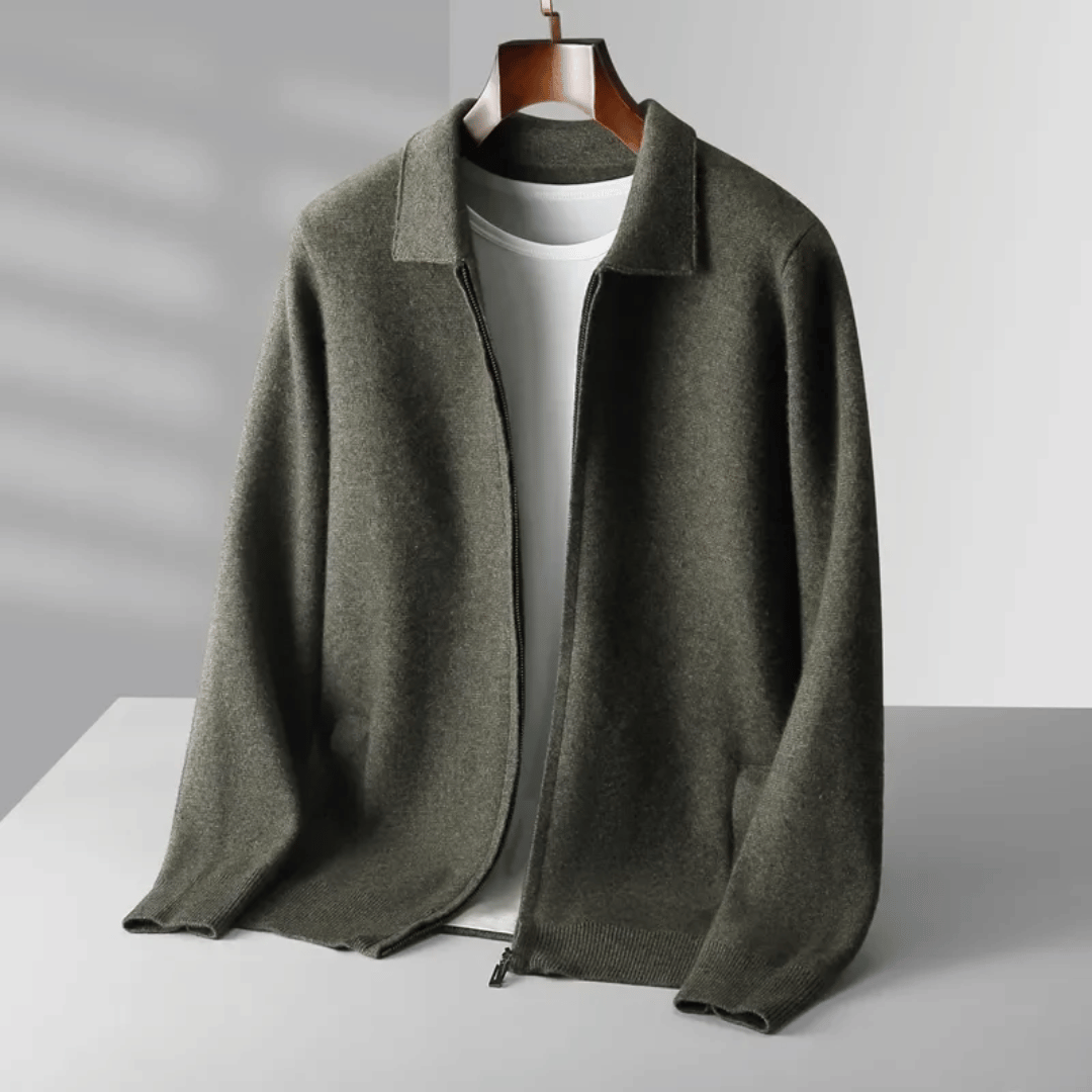 Classic men's collared knit cardigan with a convenient zip, perfect for adding warmth and style.