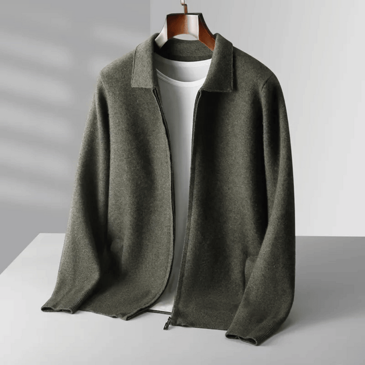Classic men's collared knit cardigan with a convenient zip, perfect for adding warmth and style.