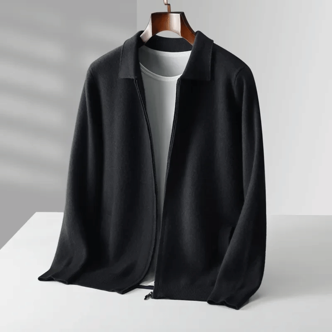 Essential men's fashion: a collared zip-up knit cardigan, offering both comfort and smart layering.