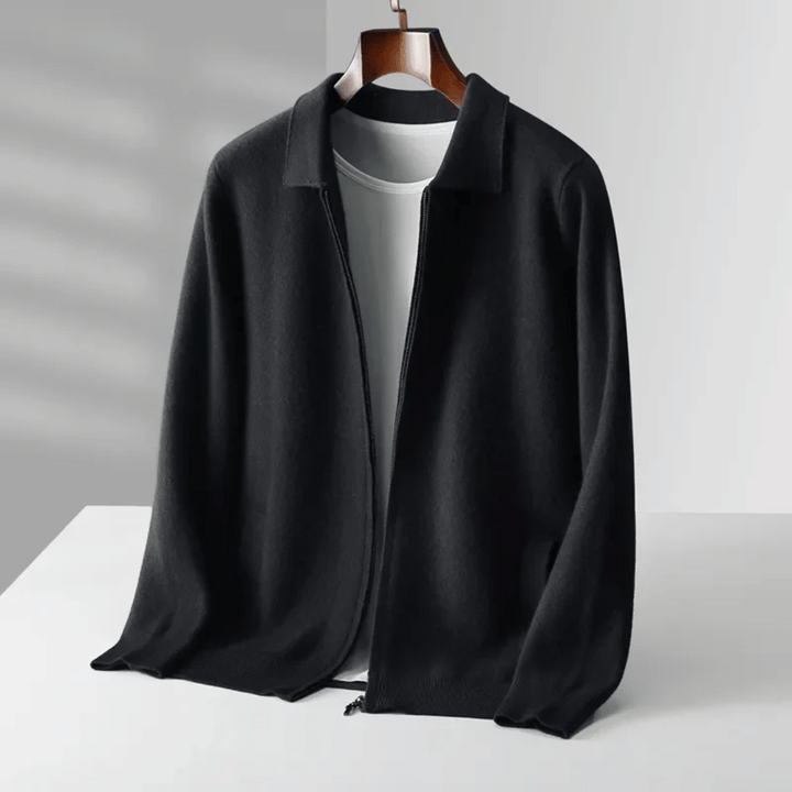 Essential men's fashion: a collared zip-up knit cardigan, offering both comfort and smart layering.